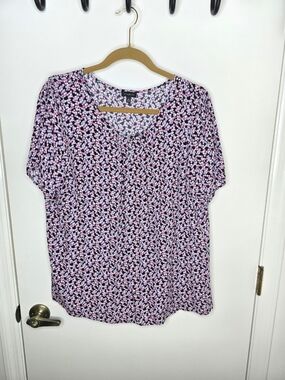 Talbots Black and Pink Floral V-Neck Short Sleeve Top